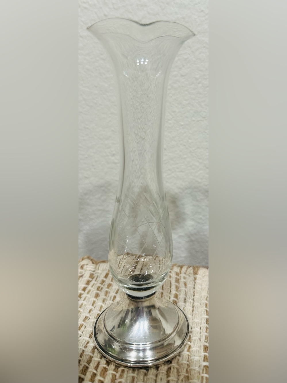 Antique Cut-Princess Glass Bud Vase with Sterling Silver Base
